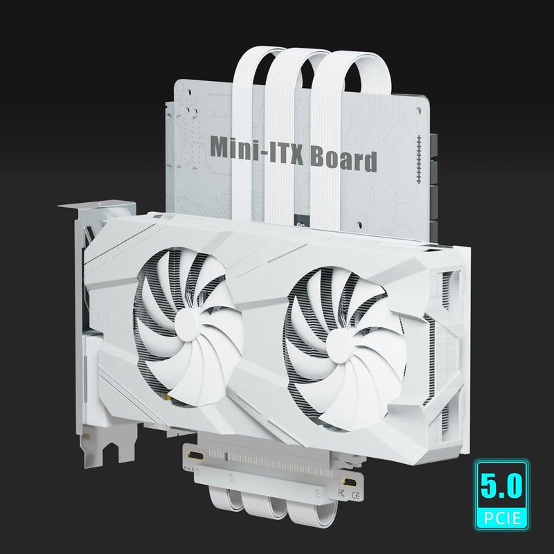 GLOTRENDS كابل ريسير مزدوج عكسي PCIE 5.0 للوحة الأم Mini-ITX (170x170mm) ، جاهز لوحدة معالجة الرسوم RTX5090(Ti) RX9070(XT) ، الطول 185mm ، لون أبيض - Image 4